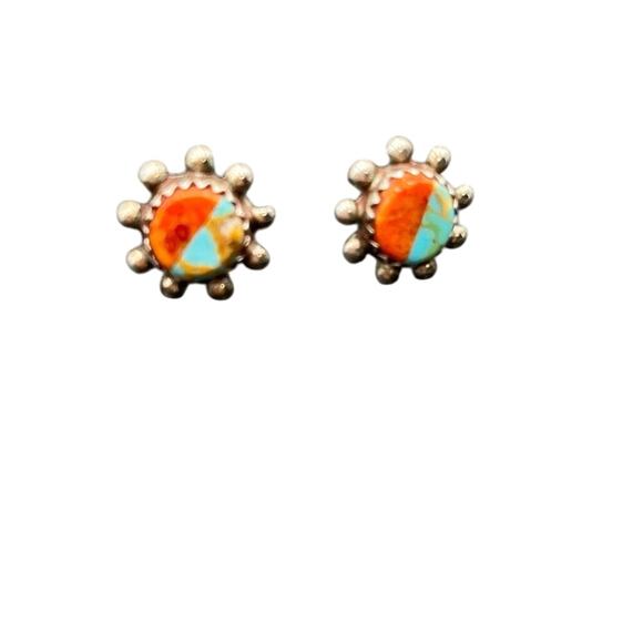 Sterling Silver Signed Designer Turquoise and Coral Small Stud Pierced Earrings - Picture 8 of 10